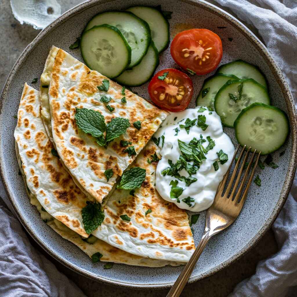 Serving Zucchini Feta Quesadillas.