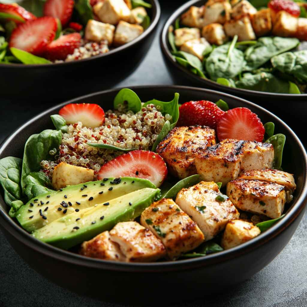 Strawberry spinach salad variations with protein add-ins