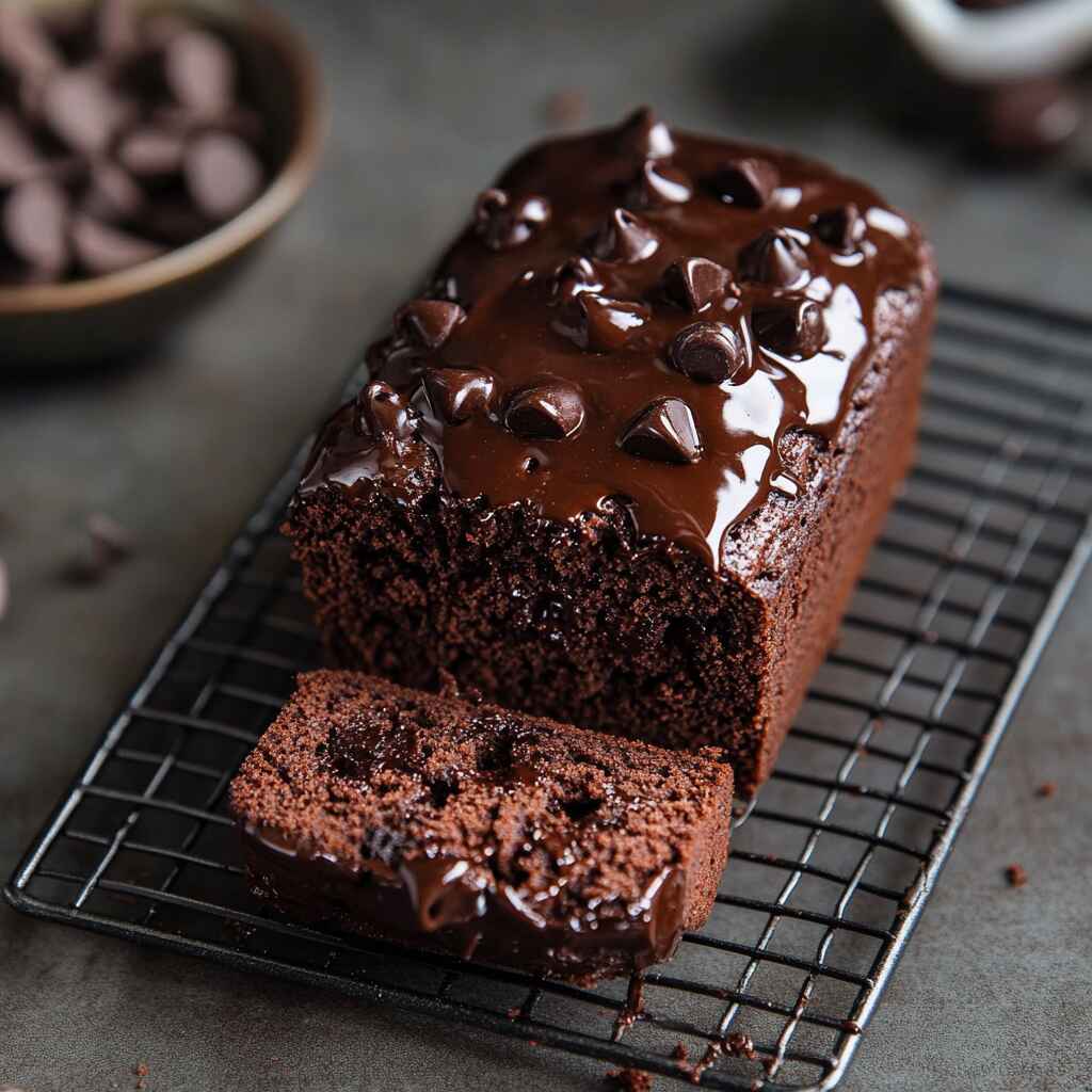 Triple chocolate mini loaf sliced to show gooey melted chocolate inside