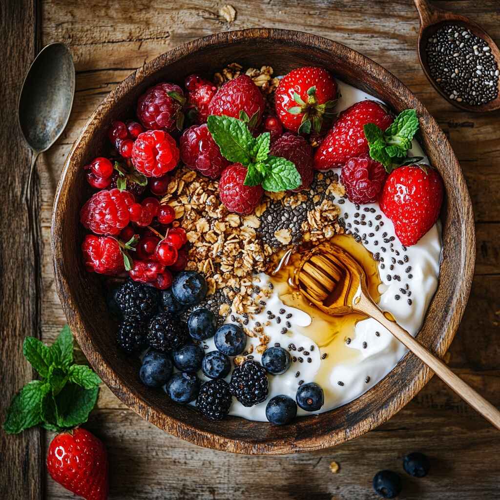 Yogurt bowl with fruit and granola on rustic table