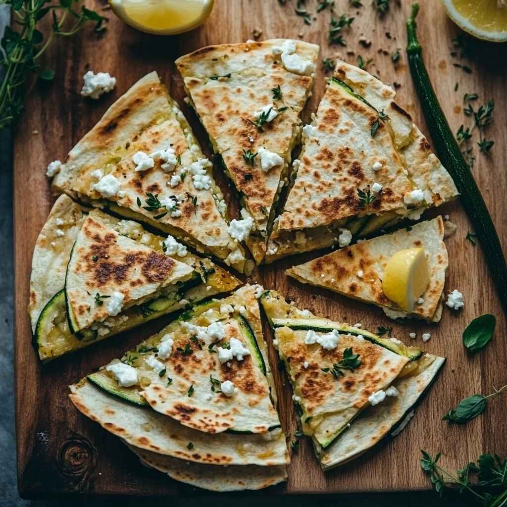 Zucchini and feta quesadilla cut into triangles on wooden board