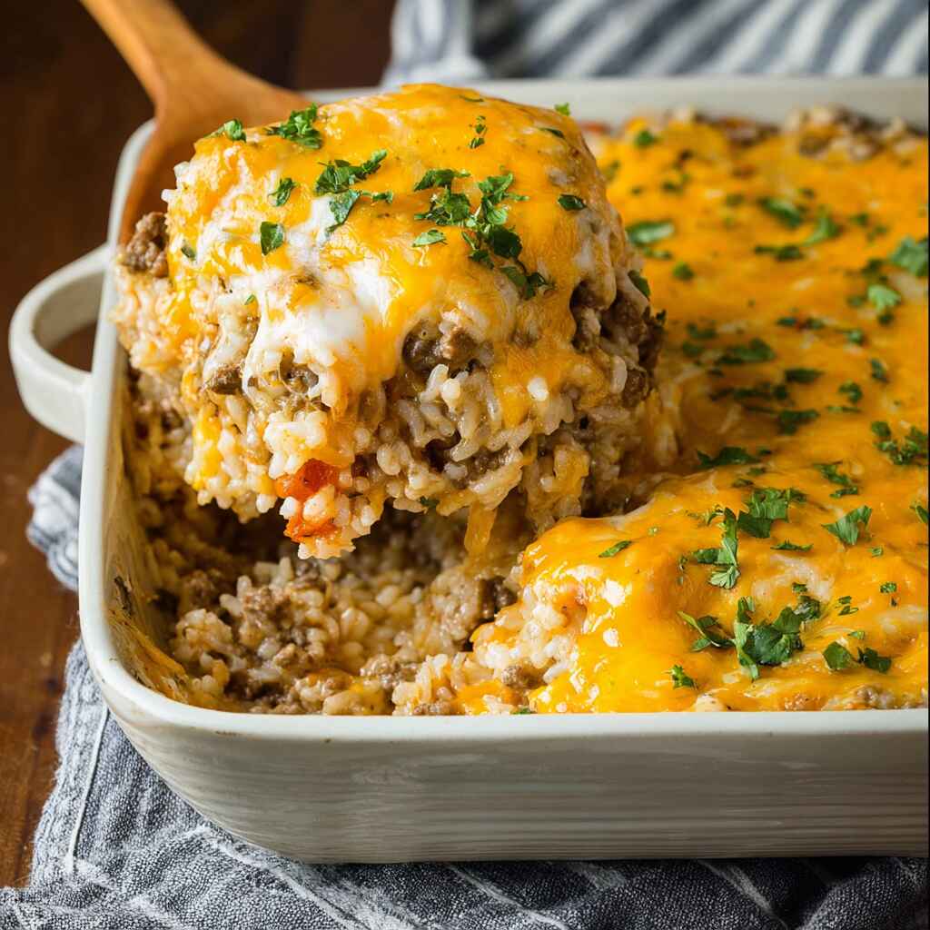 Cheesy Ground Beef And Rice Casserole Featured