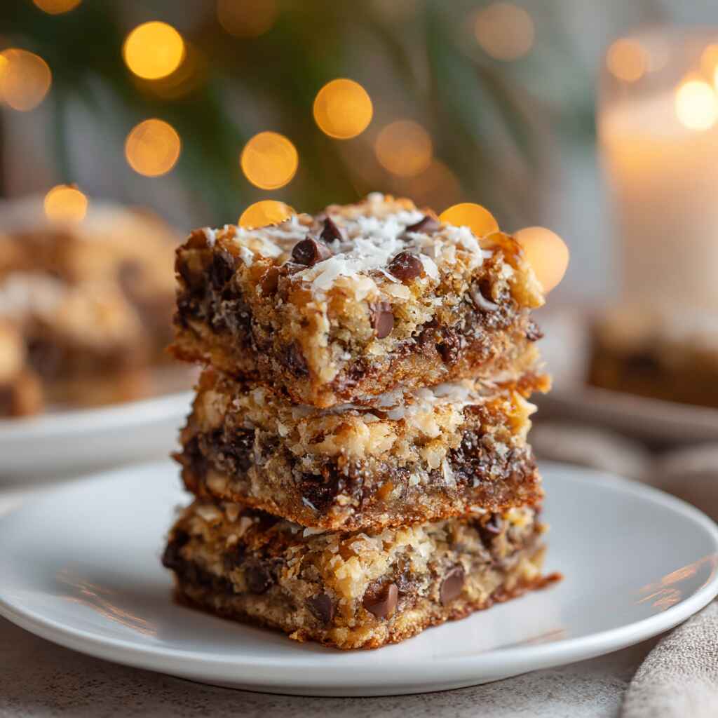 Coconut Toffee Chocolate Chip Cookie Bars on rustic tray
