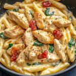 Creamy Tuscan Chicken Pasta plated in a rustic bowl