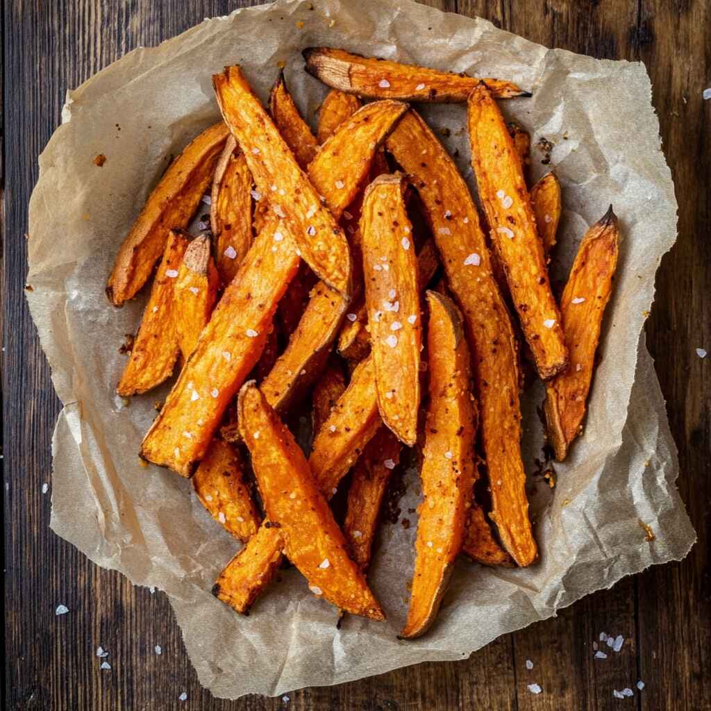 Crispy baked sweet potato fries on rustic parchment
