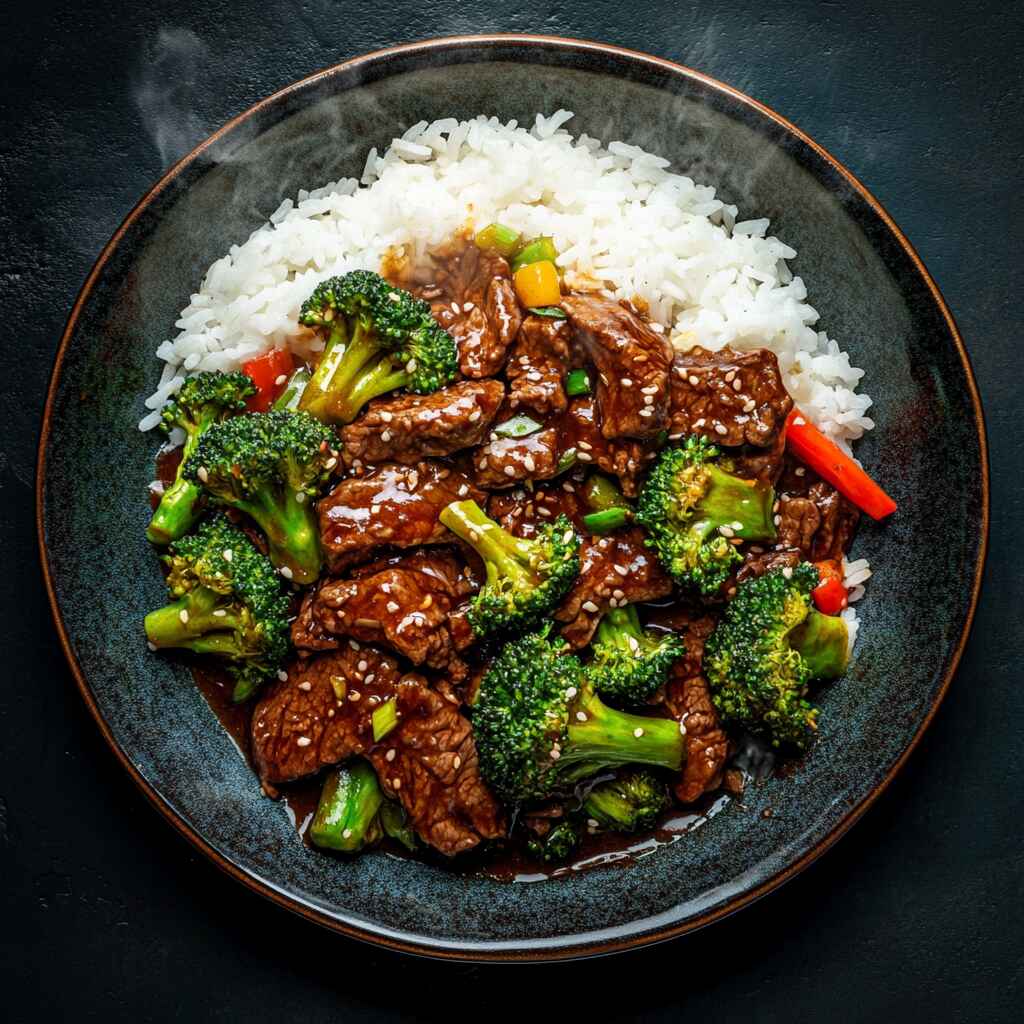 Beef and broccoli stir fry served with rice