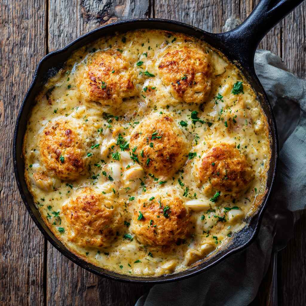 Overhead shot of Cheddar Bay Biscuit Seafood Pot Pie in skillet with golden biscuits