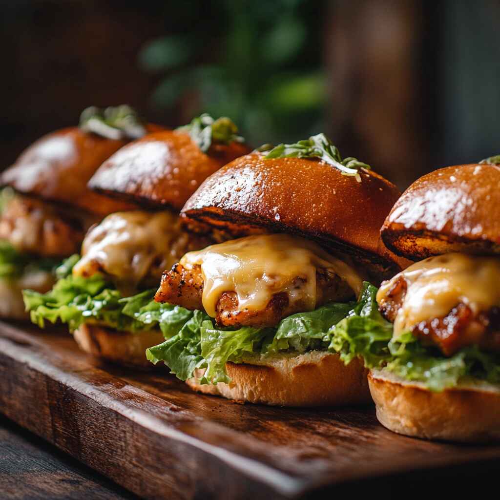 Chicken sliders served on toasted buns with toppings
