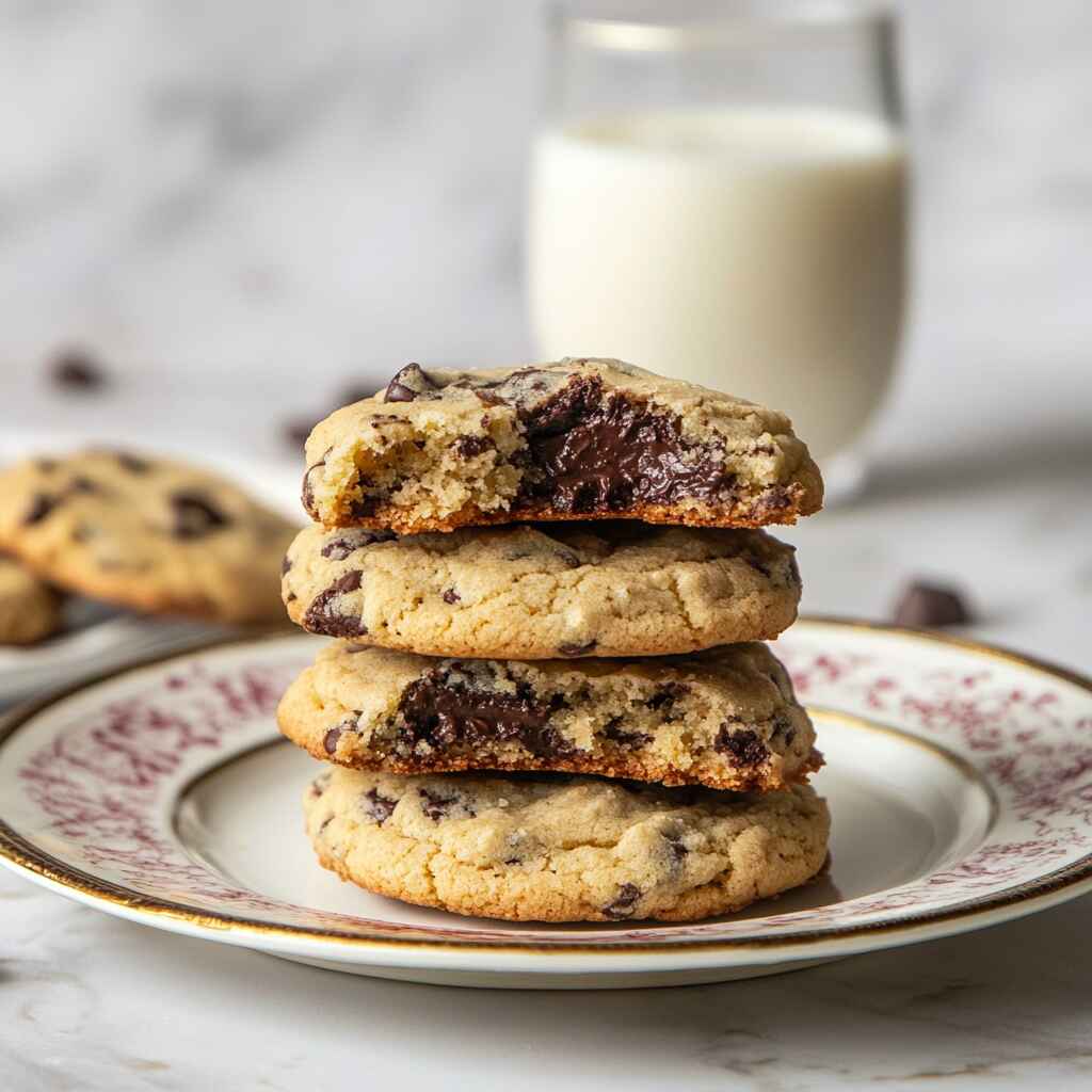Stack of gooey chocolate chip cookies with milk