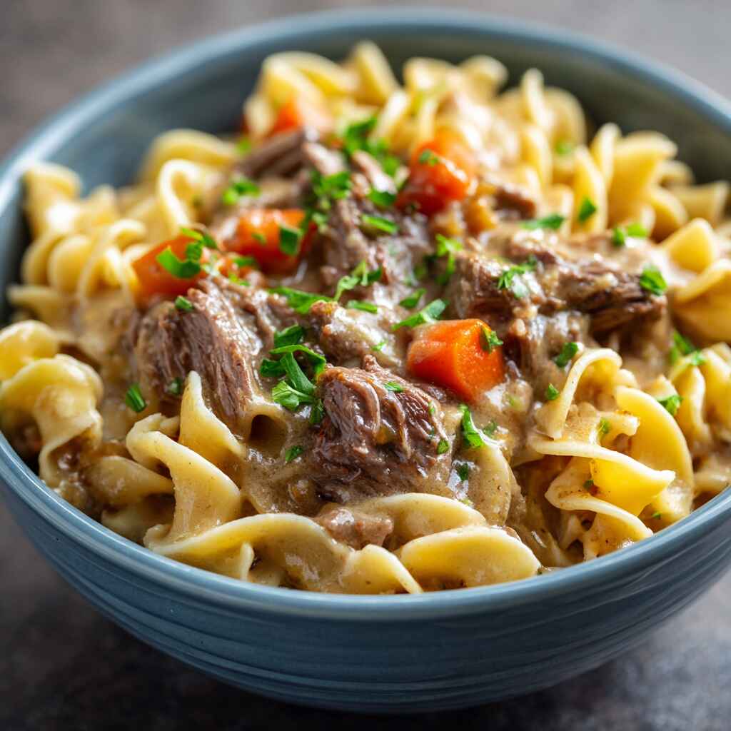 Crockpot Beef and Noodles in rustic bowl