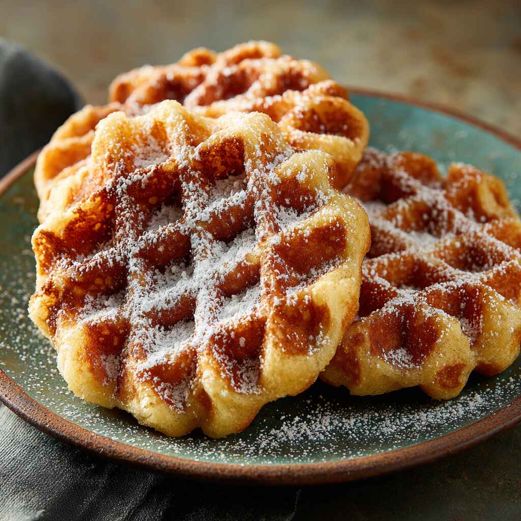 Donut chaffles on a plate with powdered topping