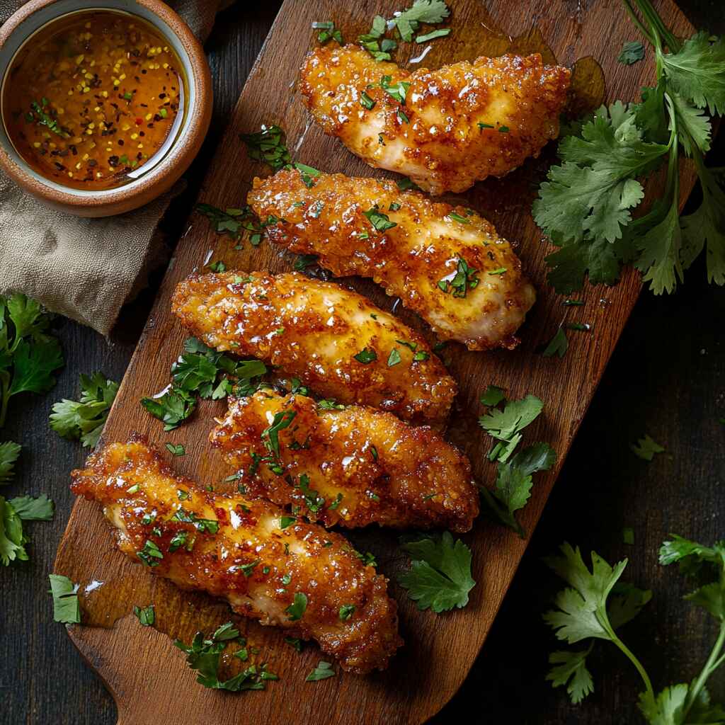 Hot honey chicken tenders on a wooden board
