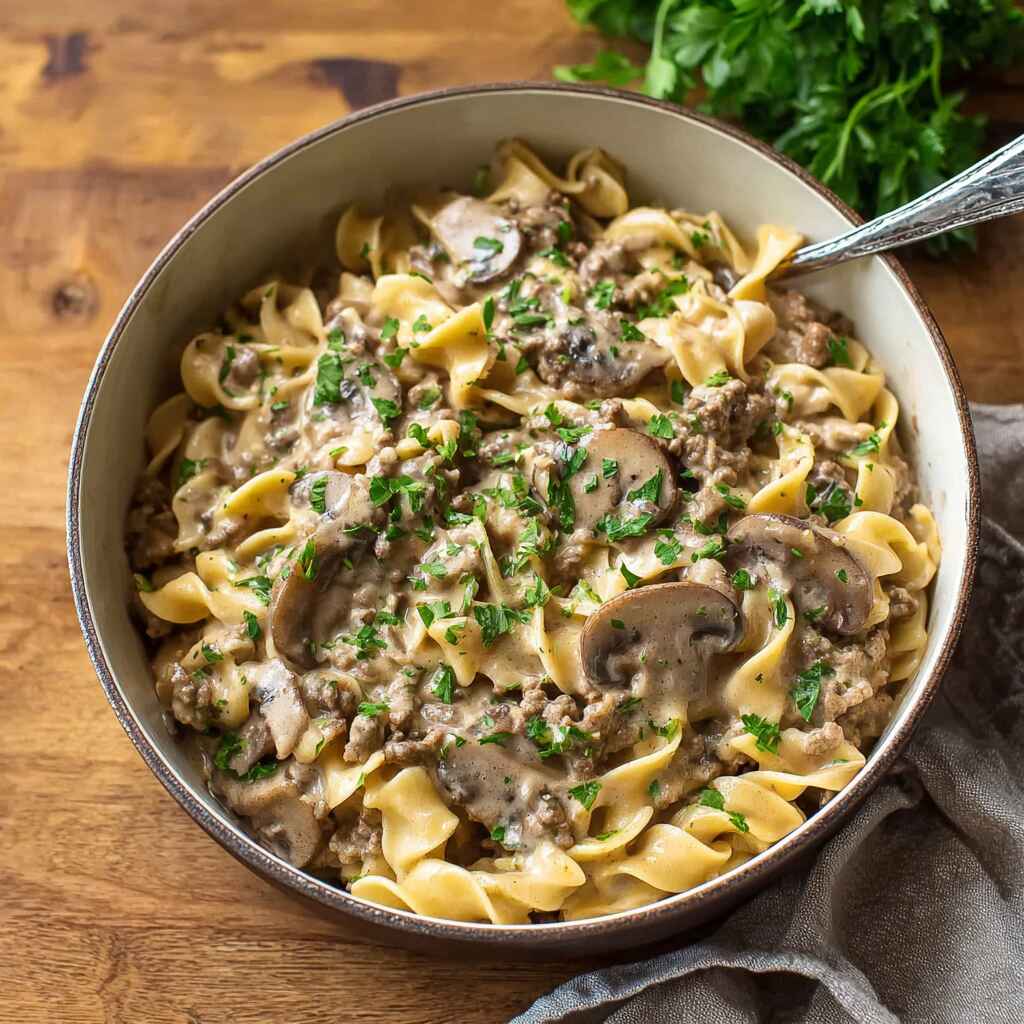 One Pot Ground Beef Stroganoff Featured