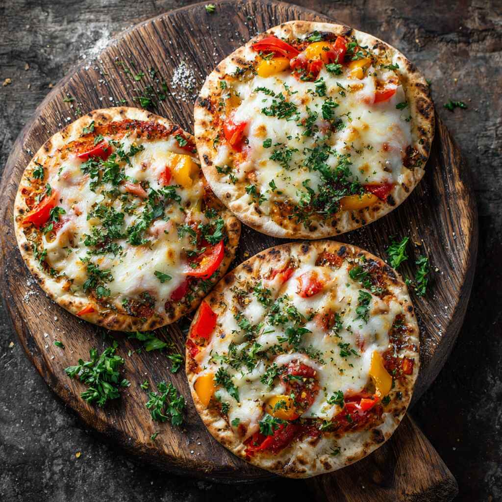 Freshly baked pita bread pizzas with toppings