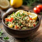 Quinoa salad in rustic bowl with herbs and lemon