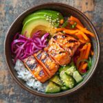 Salmon bowl with grilled salmon and fresh toppings
