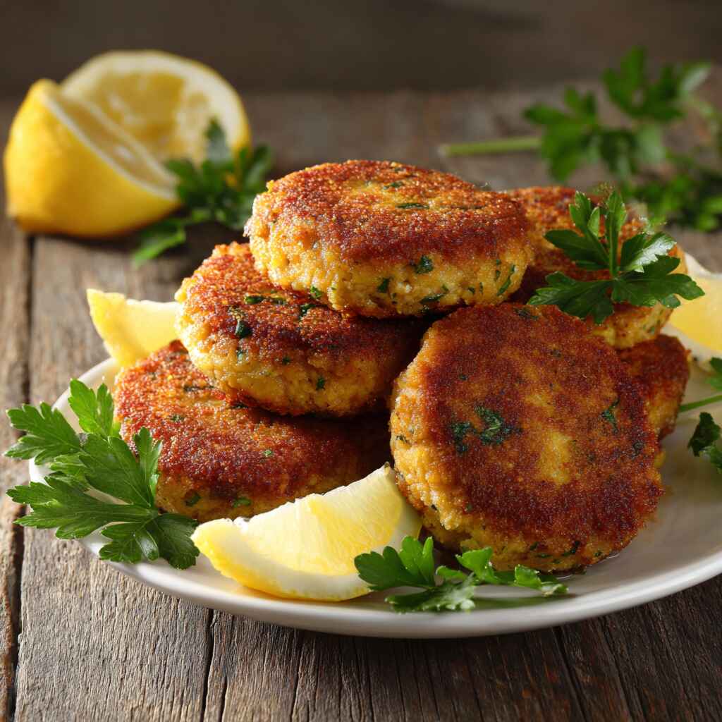 Crispy salmon cakes on a rustic table