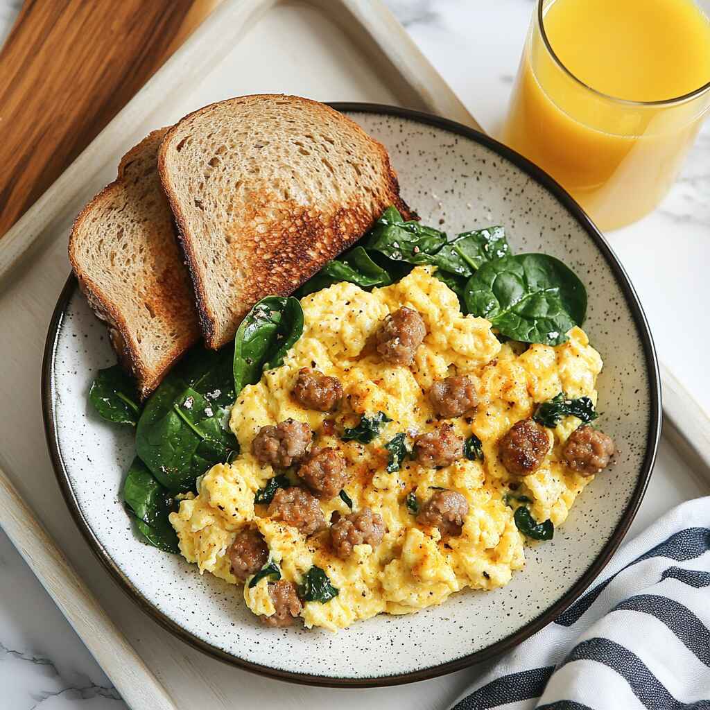 breakfast plate with scrambled eggs, sausage, and toast