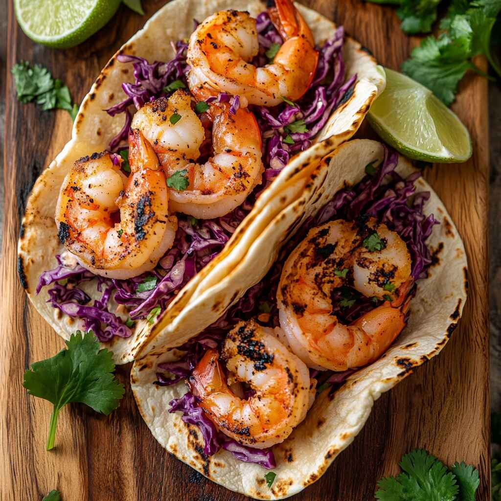 Shrimp tacos with slaw and lime wedges