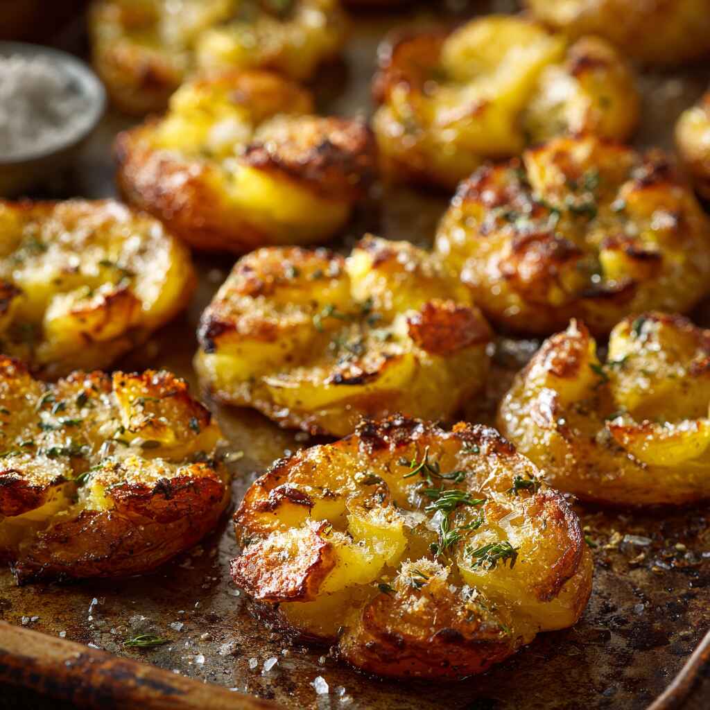 Golden crispy smashed potatoes on rustic tray