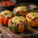 Stuffed peppers with rice baked in tomato sauce with cheese