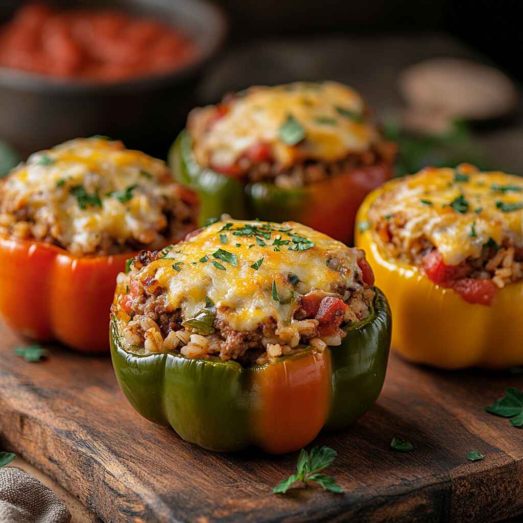 Stuffed peppers with rice baked in tomato sauce with cheese