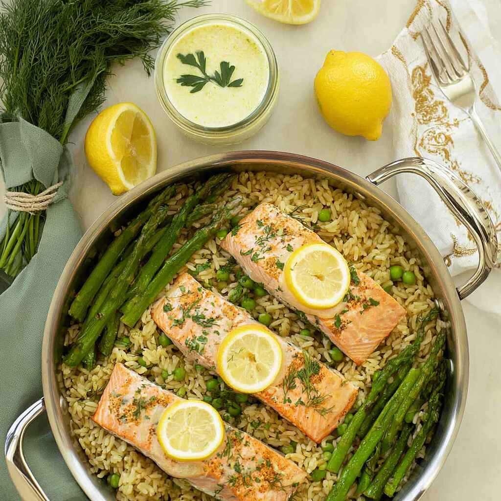 One Pan Salmon And Rice With Lemon & Herbs