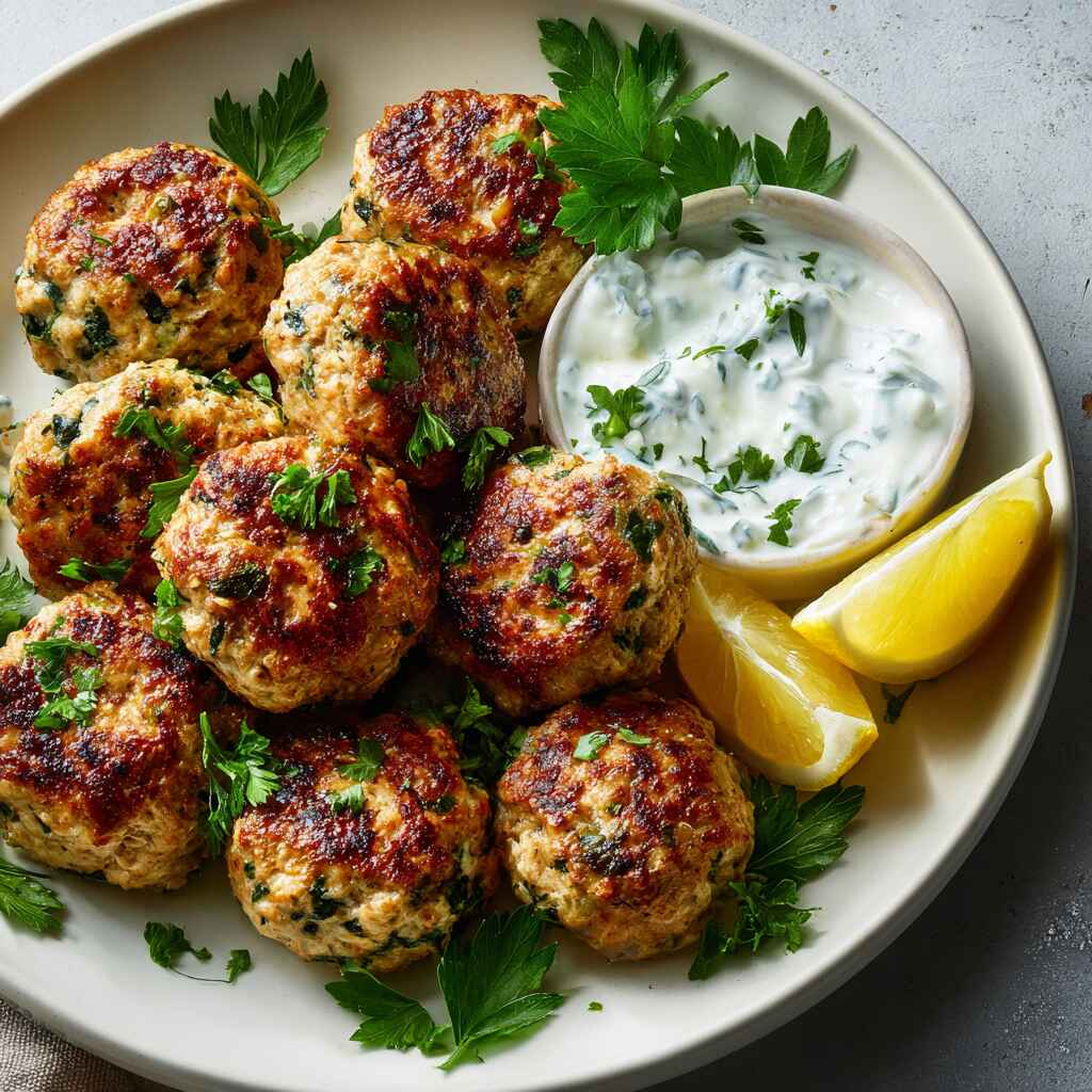 Greek turkey meatballs recipe plated with tzatziki and lemon