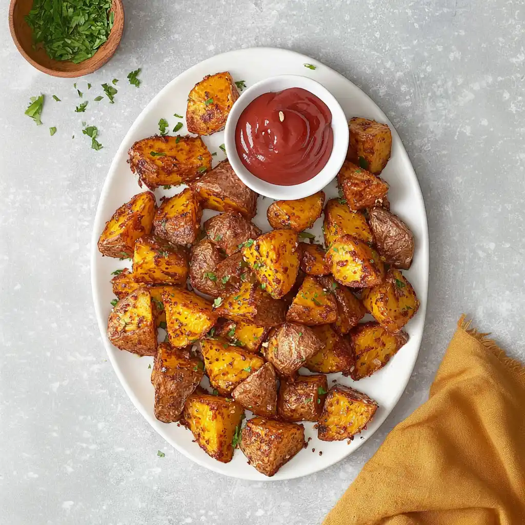 Deliciously cooked air fryer potatoes on a plate, garnished and ready to serve.