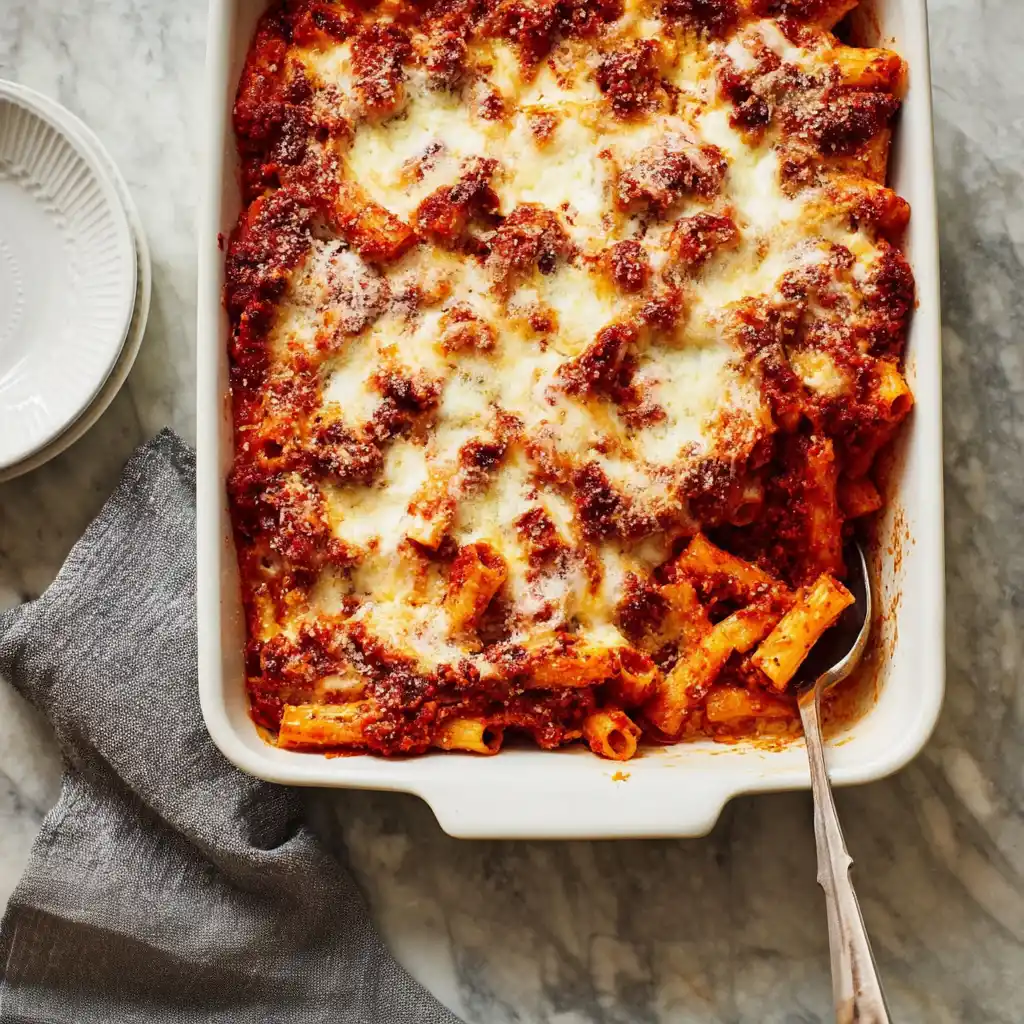 Delicious serving of baked ziti with cheese and pasta.