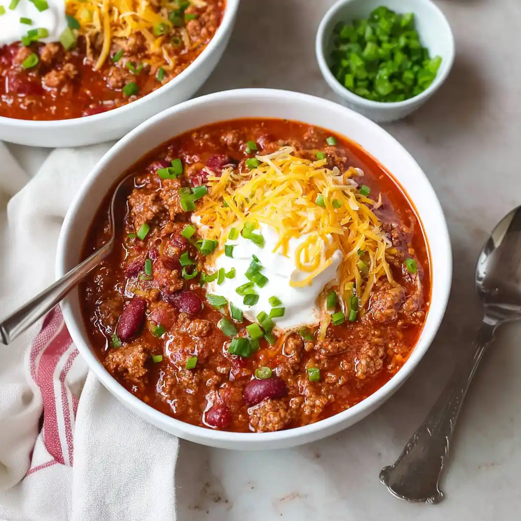 A hearty bowl of homemade beef chili topped with cheese and herbs