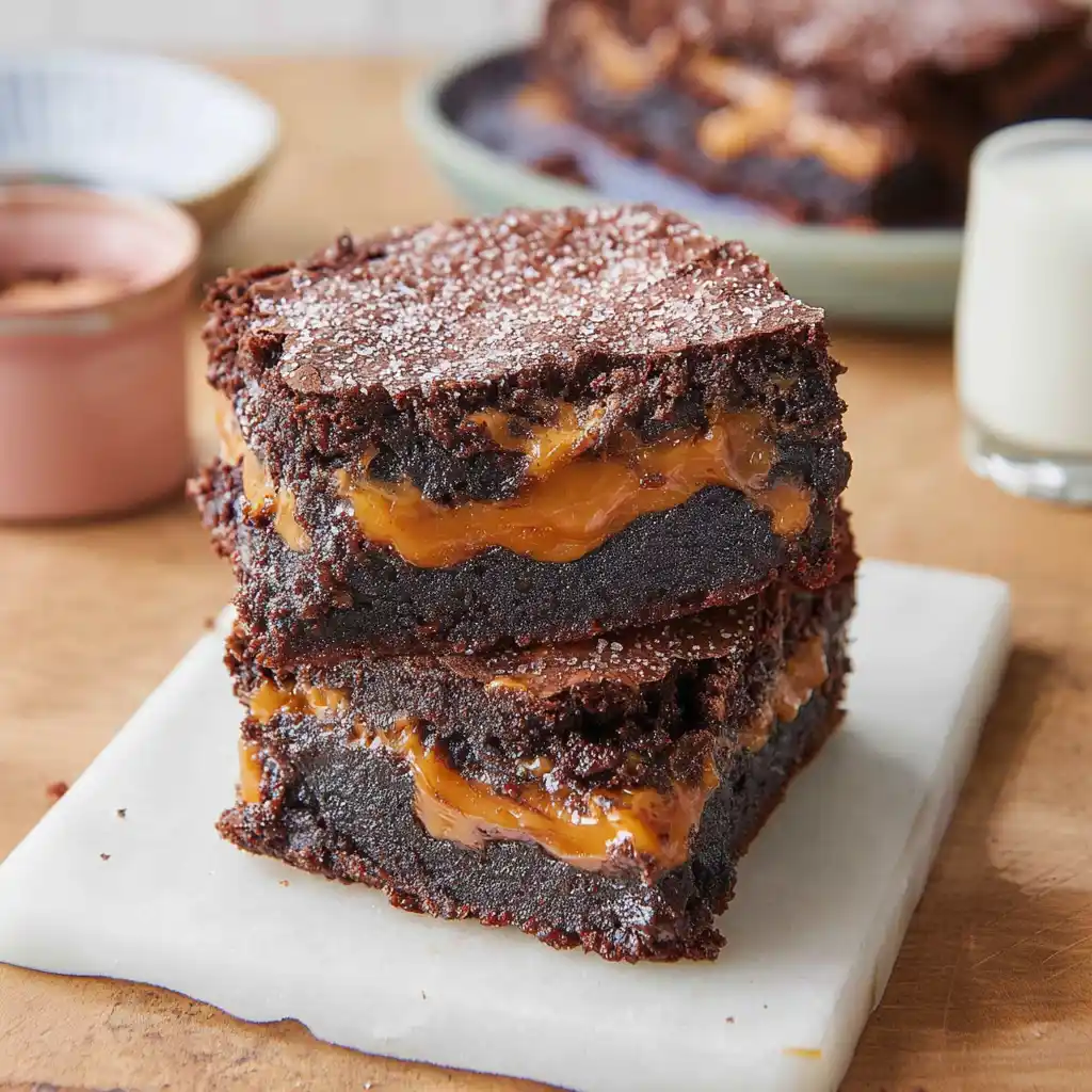 Delicious caramel brownies topped with drizzled caramel sauce.