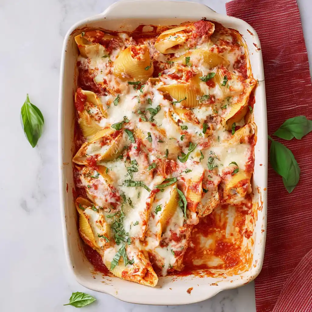 Plate of stuffed shells filled with ricotta and marinara sauce