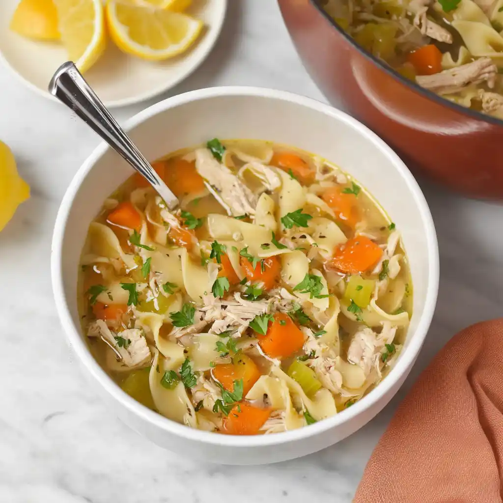 A comforting bowl of homemade chicken noodle soup with vegetables and noodles.
