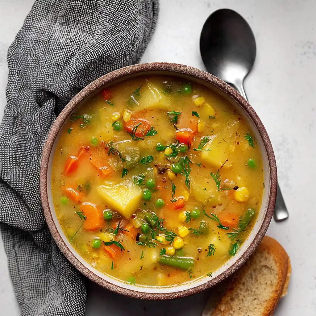 Bowl of creamy vegetable soup with colorful vegetables on a wooden table