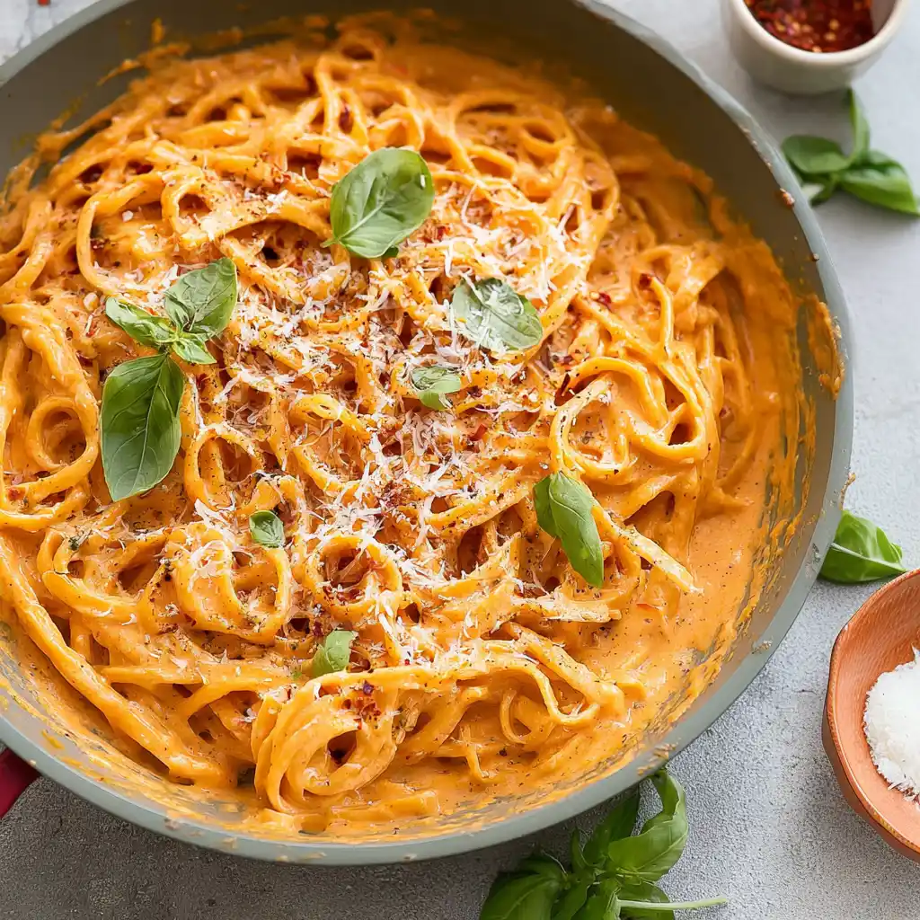 Creamy roasted red pepper pasta served in a bowl with fresh herbs