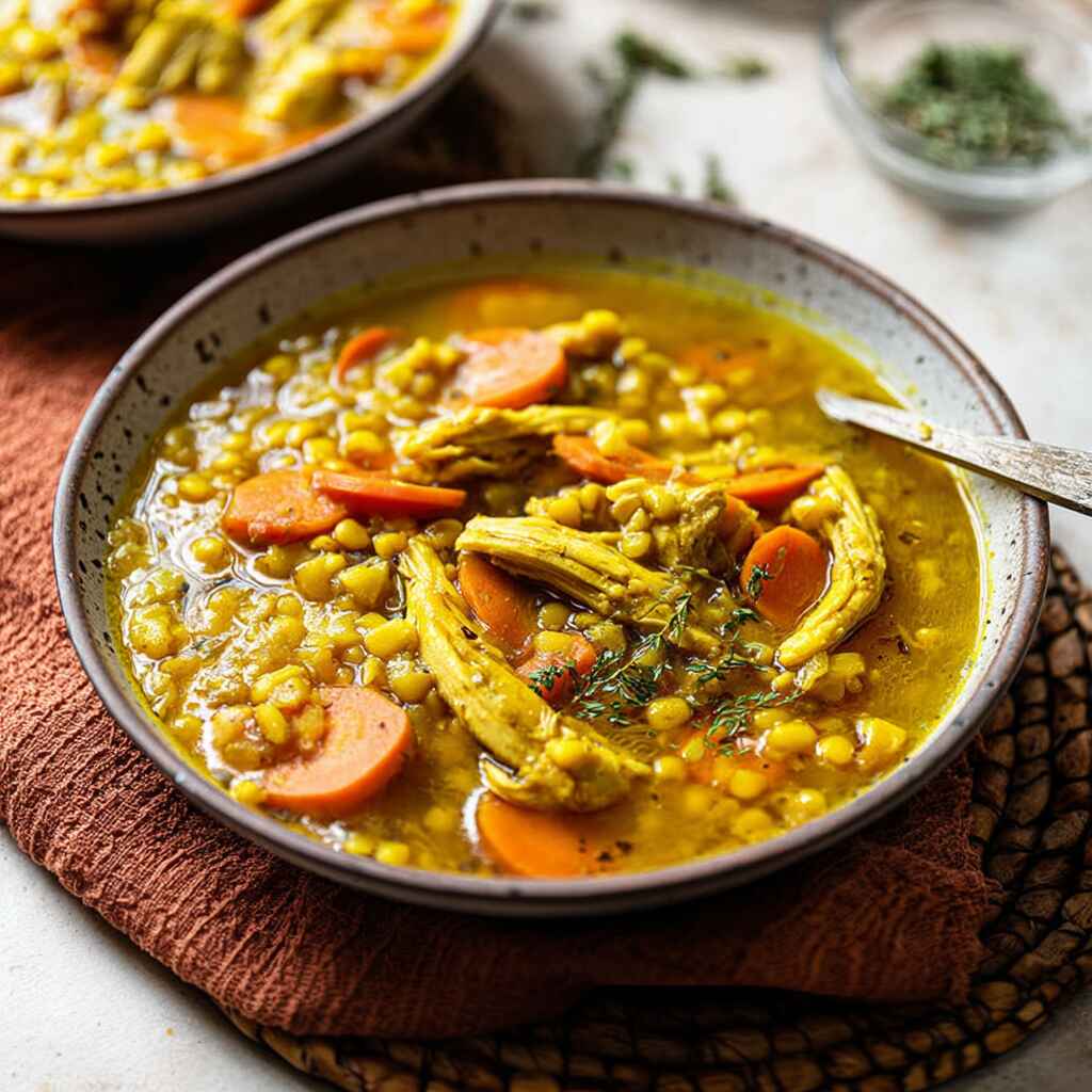 Bowl of Curry Chicken Soup garnished with herbs
