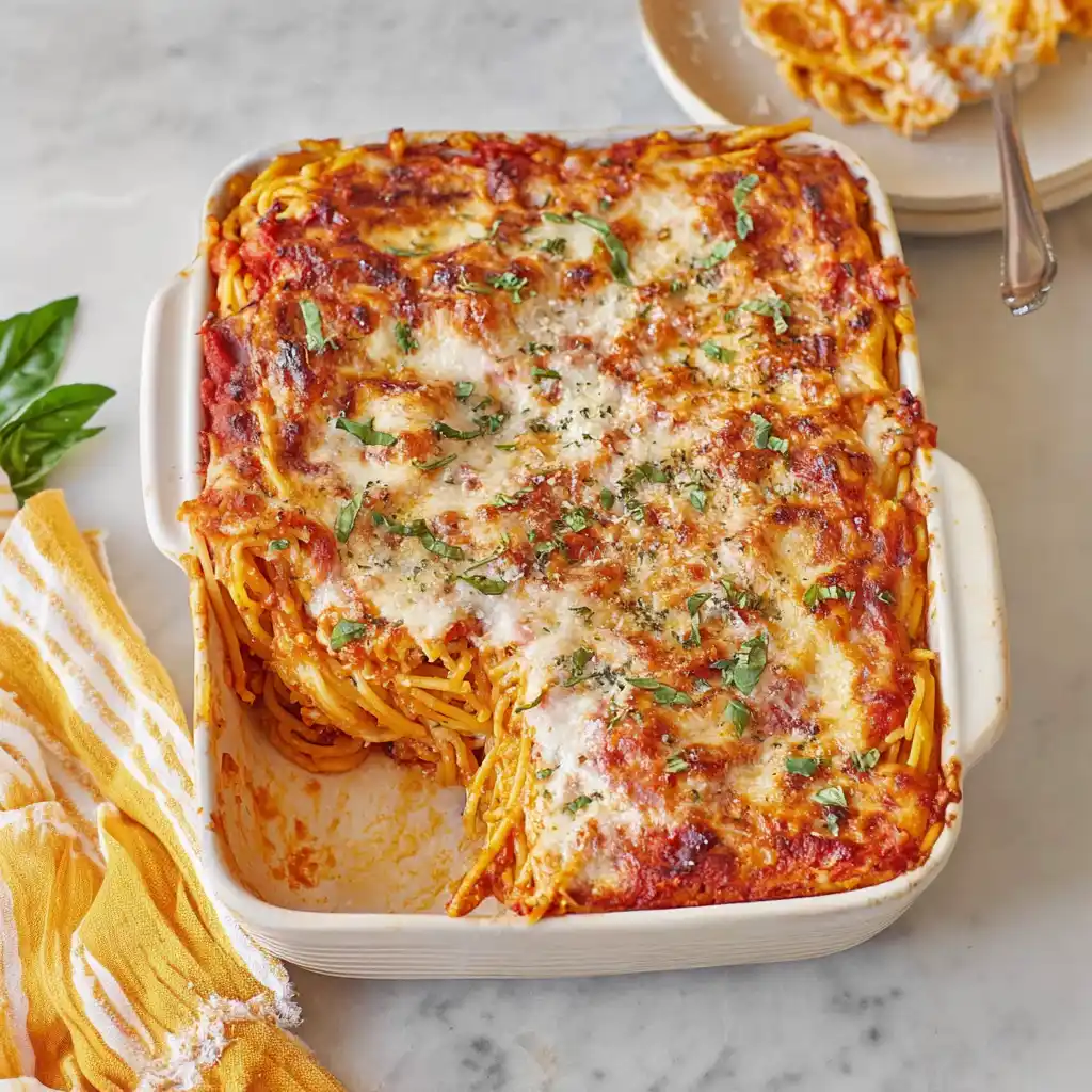 A delicious plate of easy baked spaghetti topped with cheese and herbs