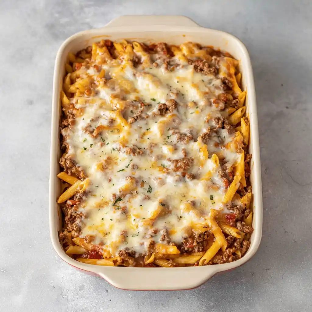 Ground beef casserole topped with cheese and veggies for a hearty meal