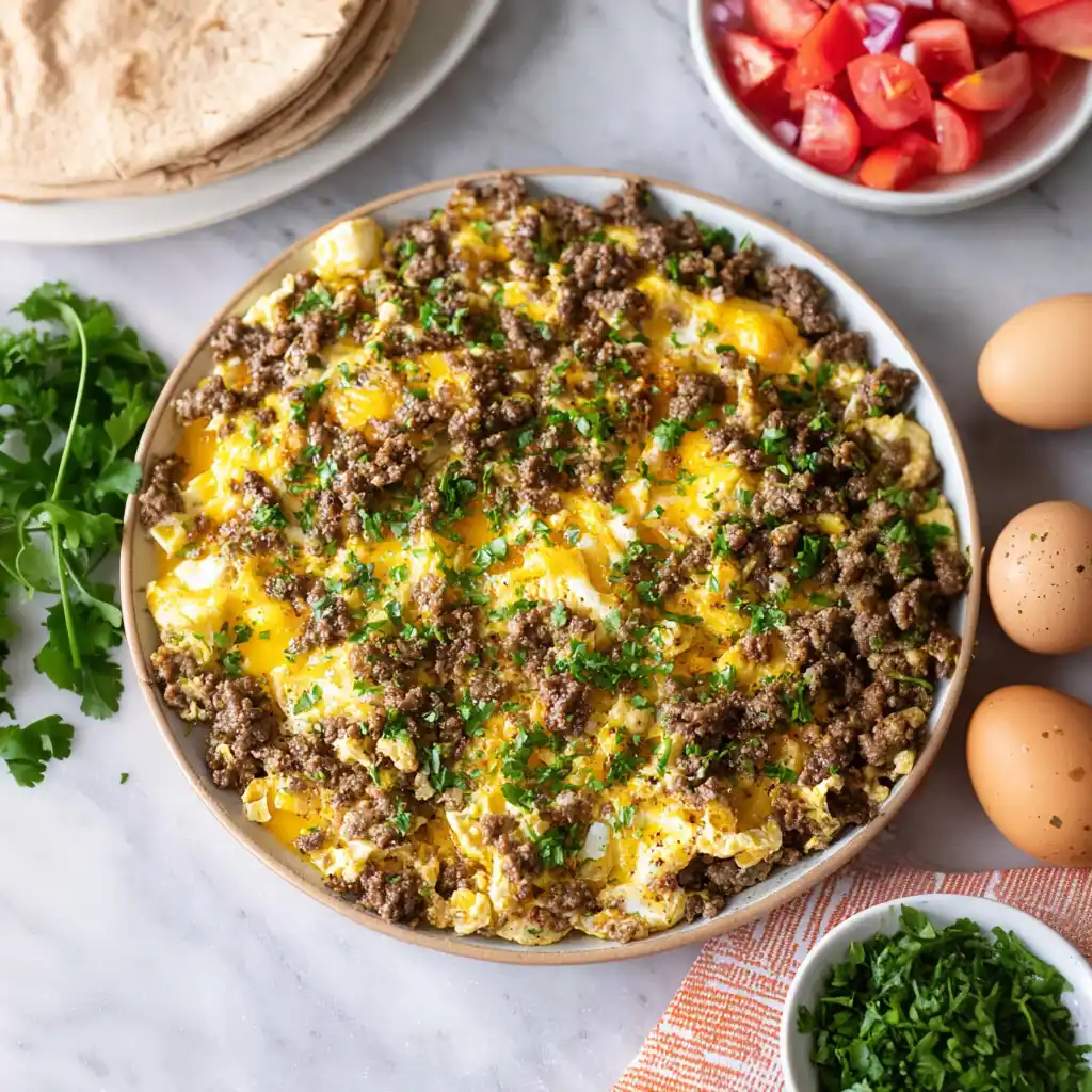 Ground beef and eggs dish served on a plate with fresh herbs
