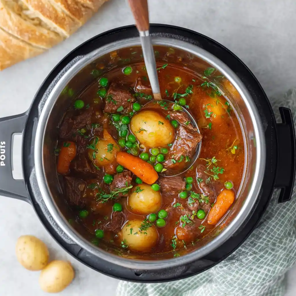 Delicious bowl of Instant Pot beef stew garnished with fresh herbs