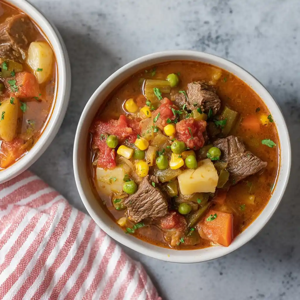 A bowl of Instant Pot vegetable beef soup filled with fresh vegetables and tender beef.