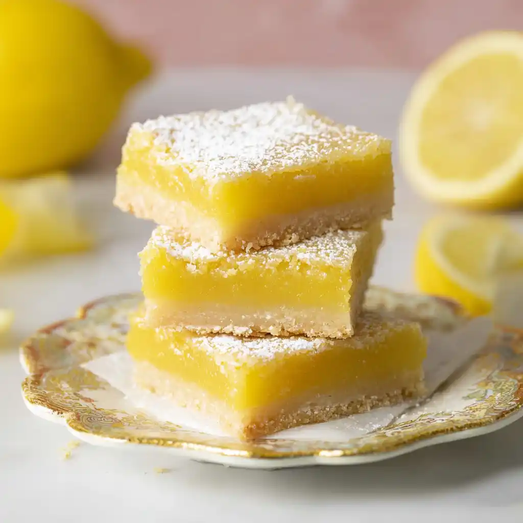Delicious homemade lemon bars dusted with powdered sugar on a plate.