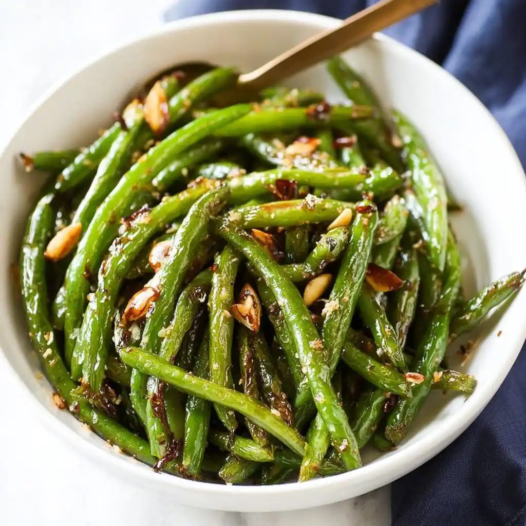 bowl of roasted green beans seasoned and ready to serve