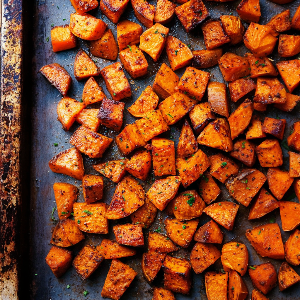 A plate of perfectly roasted sweet potatoes, garnished with herbs.