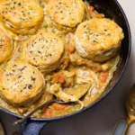 Delicious skillet chicken pot pie topped with flaky biscuits in a cast iron skillet.