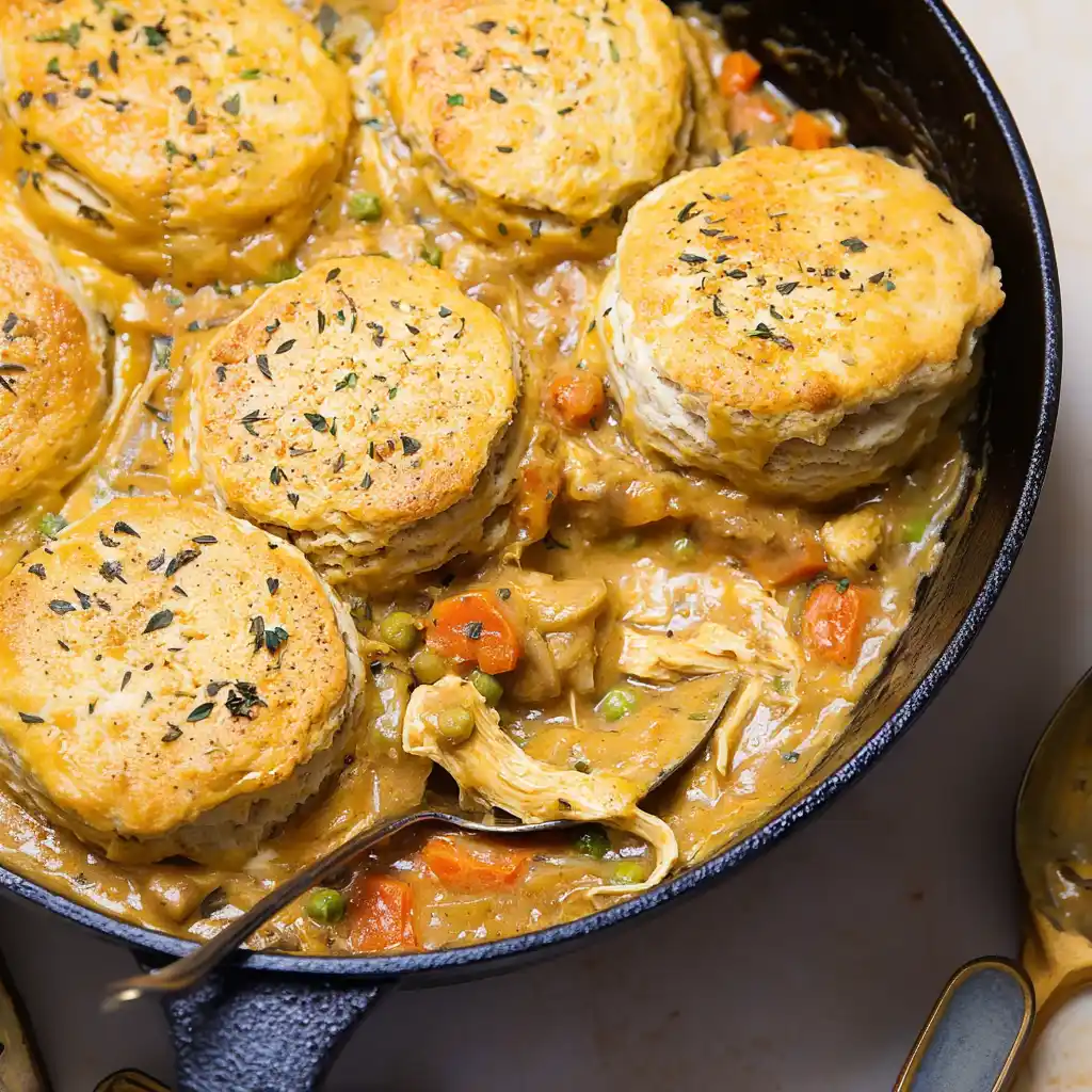 Delicious skillet chicken pot pie topped with flaky biscuits in a cast iron skillet.