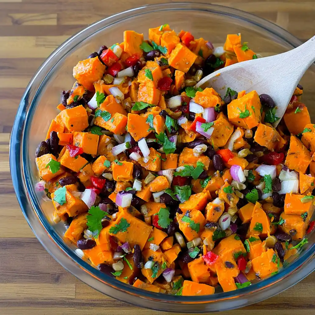 Colorful and healthy sweet potato salad served in a bowl with dressing and herbs.