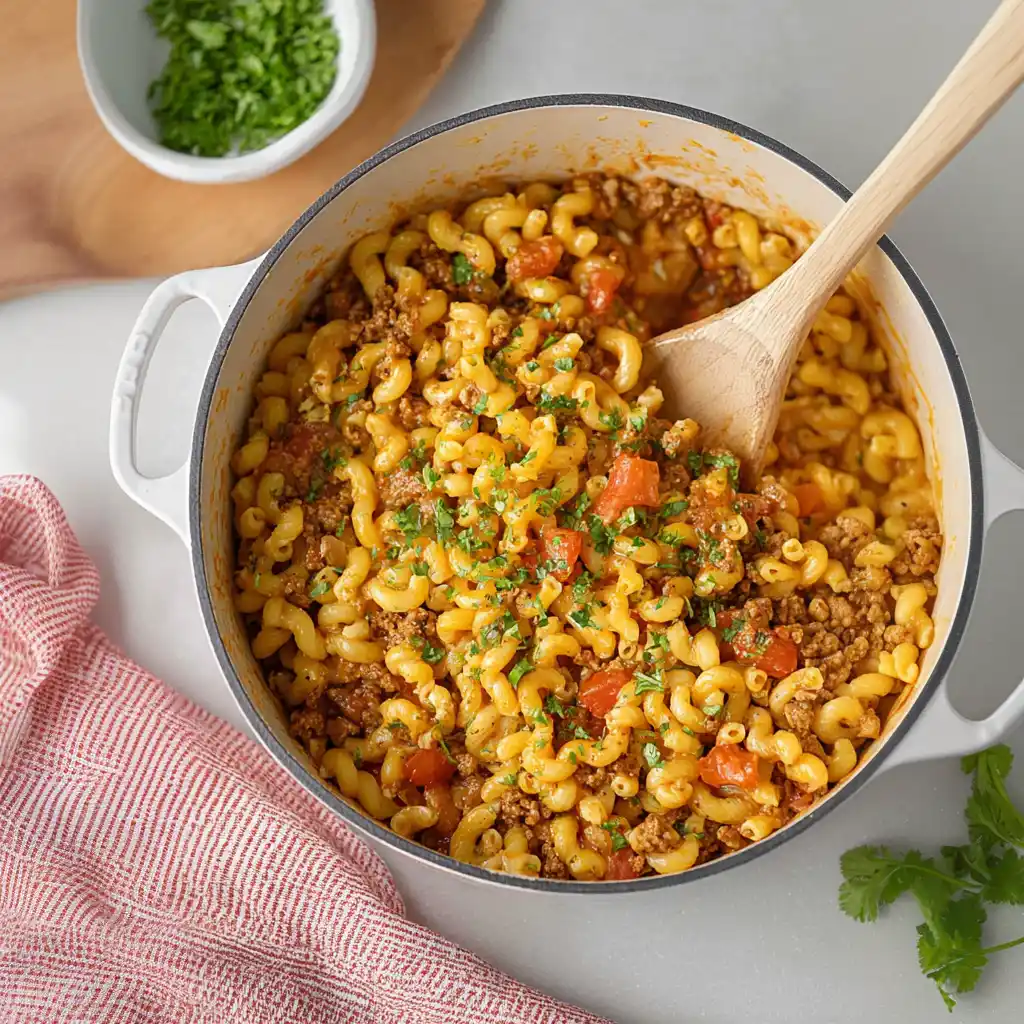Delicious Taco Pasta dish topped with cheese and fresh herbs