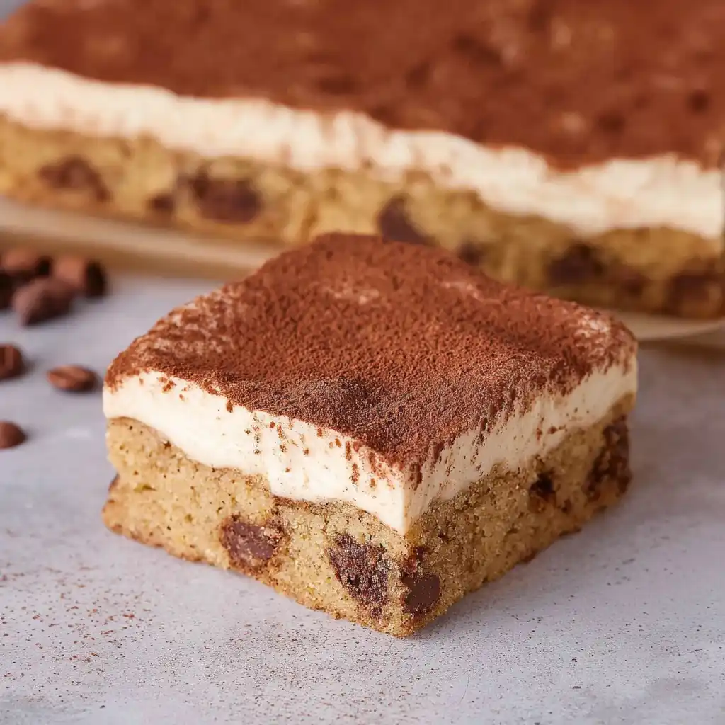Delicious tiramisu blondies topped with cocoa powder and coffee essence.